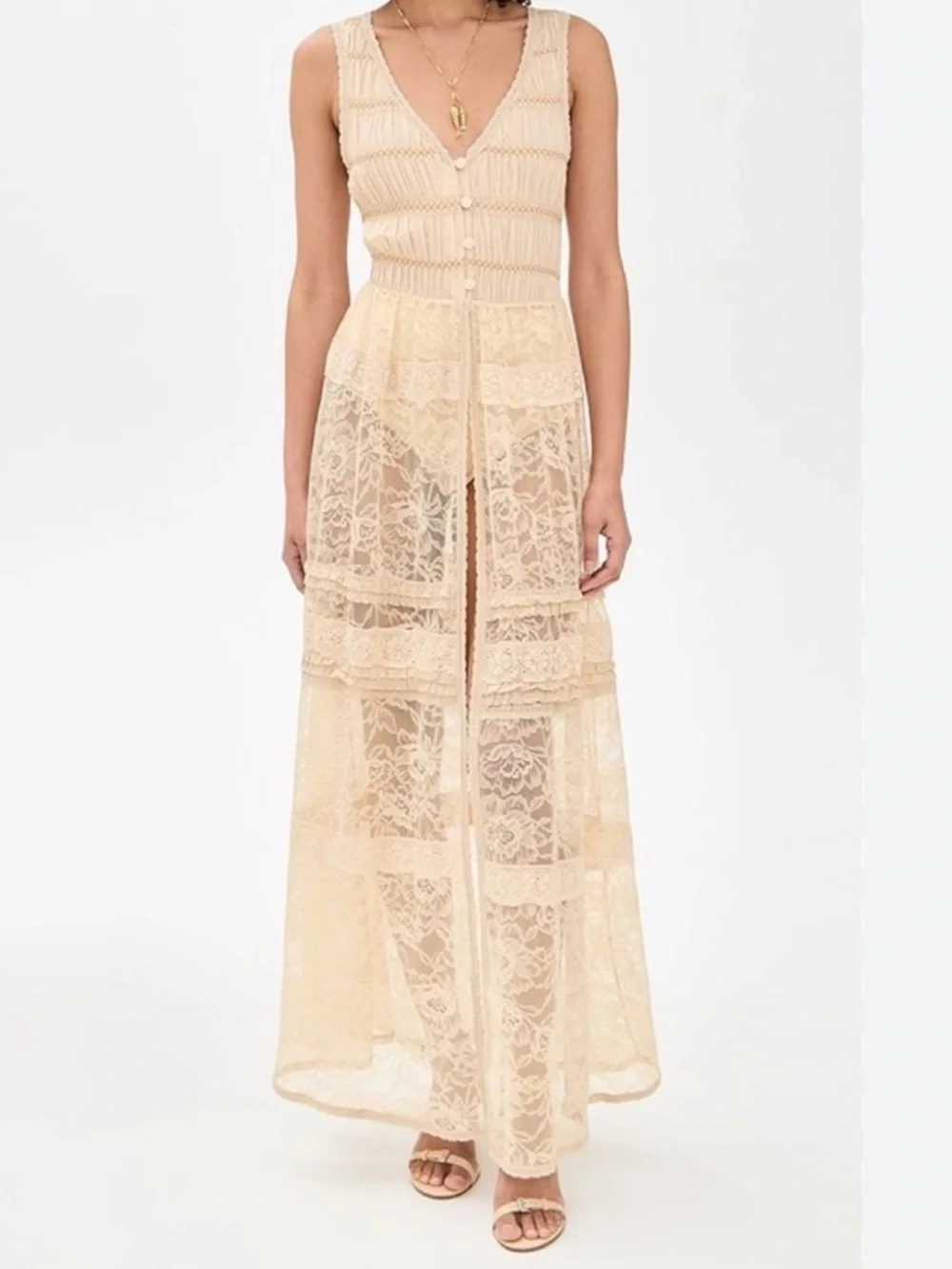 Free People Sweet Saloon Sleeveless Maxi Cream Tan Lace Bodysuit Dress Duster